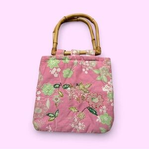 Vintage Hand Made Beaded Pink Floral Bag with Bamboo Handles